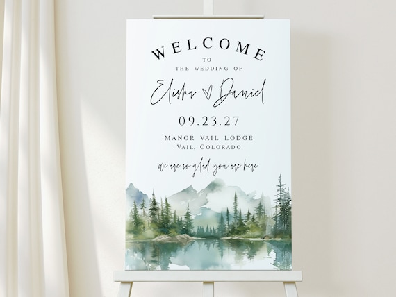 Mountains wedding welcome sign Customizable template Lake forest reception poster Digital download Templett MOLAFF7