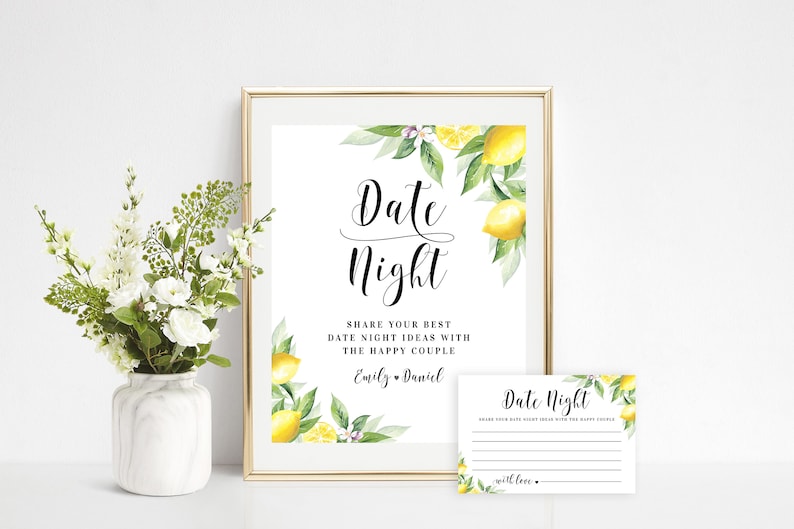 Date night ideas sign and cards Editable template Wedding lemon sign Bridal shower game Couples night ideasl Download Templett BrLem-cf5 image 1