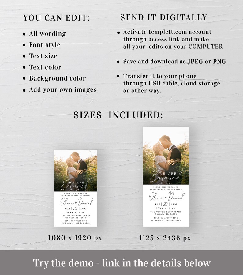 Engagement party e-invite template Editable electronic invite with photo Digital download Templett FOCSO18 image 3