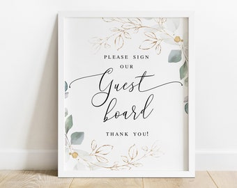 Guest board sign printable Editable template Wedding guest book alternative Wedding gold foliage Table decor Download #swc10