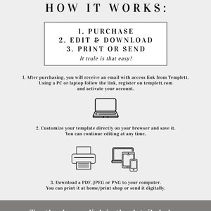Pode incluir: Como funciona: Compre, edite e fa&ccedil;a o download, imprima ou envie. &Eacute; assim t&atilde;o f&aacute;cil! Uma ilustra&ccedil;&atilde;o em preto e branco de um laptop, uma impressora e um telefone com um tablet. Experimente a demonstra&ccedil;&atilde;o - link nos detalhes abaixo.