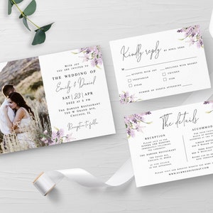 Lavender wedding invitation suite Editable template with photo Self-editing set RSVP Details insert Printable Download Templett LaWed-A