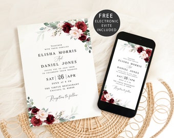 Burgundy wedding invitation template Editable invite printable Floral invite Electronic burgundy invite Digital DIY Download Templett BSA-35