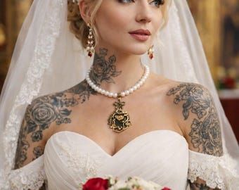 Cream-colored bronze pearl necklace with Alice in Wonderland and rabbit pendant "Alice 9"