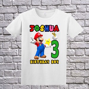 Mario Birthday Shirt, Super Mario Birthday T-Shirt, Mario Name Age, Custom Mario Shirt, Personalized  Mario Apparel, Mario Birthday Party