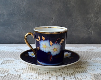 Set of porcelain cup and saucer Cobalt blue tea coffee cup Espresso cappuccino cup Table serving farmhouse kitchen Rustic table top