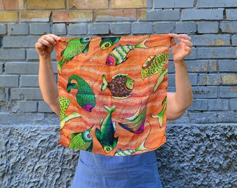 Fish print small silk square scarf Lightweight boho scarf Womens neck head scarf Neckerchief Purse scarf Ponytail scarf hair accessory