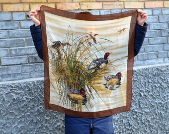 Soft wool scarf with waterfowl Head neck square scarf with bird Nature lover gift