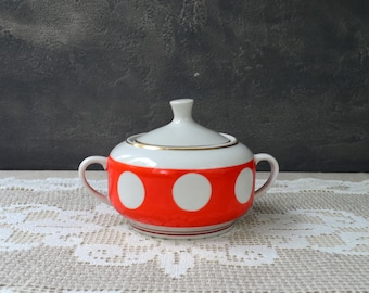 Azucarero de cerámica vintage con tapa, azucarero de lunares, decoración rústica de granja.