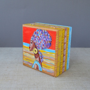 African headwrap woman wood jewelry box Keepsake wooden storage box Hand painted trinket box  African American afrocentric gift
