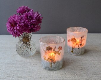 Set of 2 Small glass candle tea light holder Tealight lantern Rustic wedding centerpiece Table Decoration Cupid wild rose valentines day