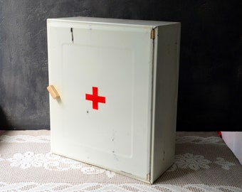 Old metal wall hanging apothecary box Red cross medicine storage first aid box Rustic wall shelf Metal cupboard Apothecary chest Kitchen