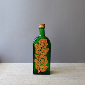 Groen glazen handgeschilderde fles Dot art Bloemen decoratieve fles Wijn whisky likeur karaf Etnische boho interieur Boho keuken