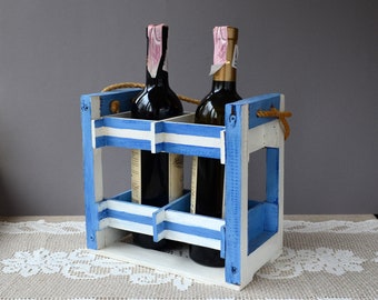 Wood wine holder Wine bottle storage crate Wooden wine rack Wine carrier Wine display Wine caddy tote Seaside nautical home decor Wine love