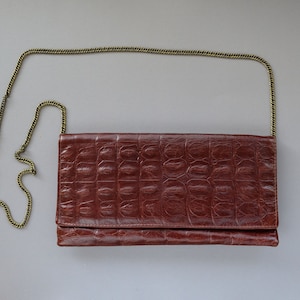 Large leather envelope clutch bag Chocolate brown crossbody casual stylish clutch Embossed leather evening purse chain strap Minimalist bag