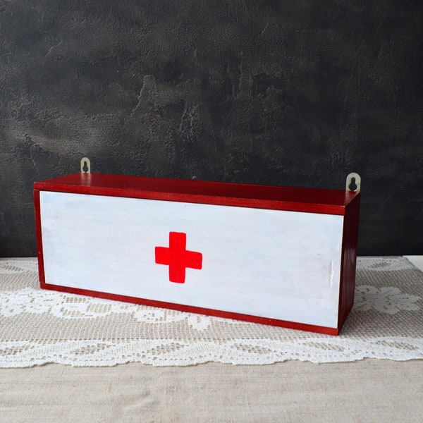 Wall hanging apothecary cabinet sliding doors Wall mount old wooden box Red cross cupboard First aid box apothecary chest Medicine cabinet