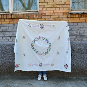 Large cotton rectangle tablecloth Floral table cover Rose embroidered table cloth Kitchen Dining table decor Rustic farmhouse home decor
