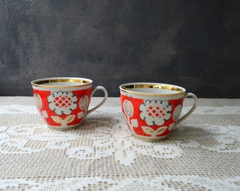 Set of 2 retro tea cups Ceramic cappuccino cup Espresso coffee cup Retro mug Retro tableware Farmhouse kitchen Tea lover gift