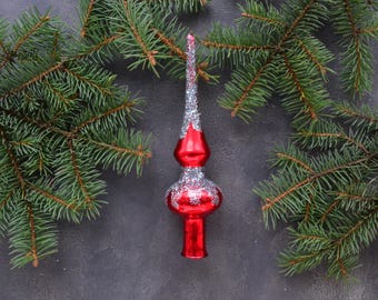 Adorno de cristal de mercurio para la punta del árbol de Navidad, decoración con remate rojo brillante, estilo rústico.