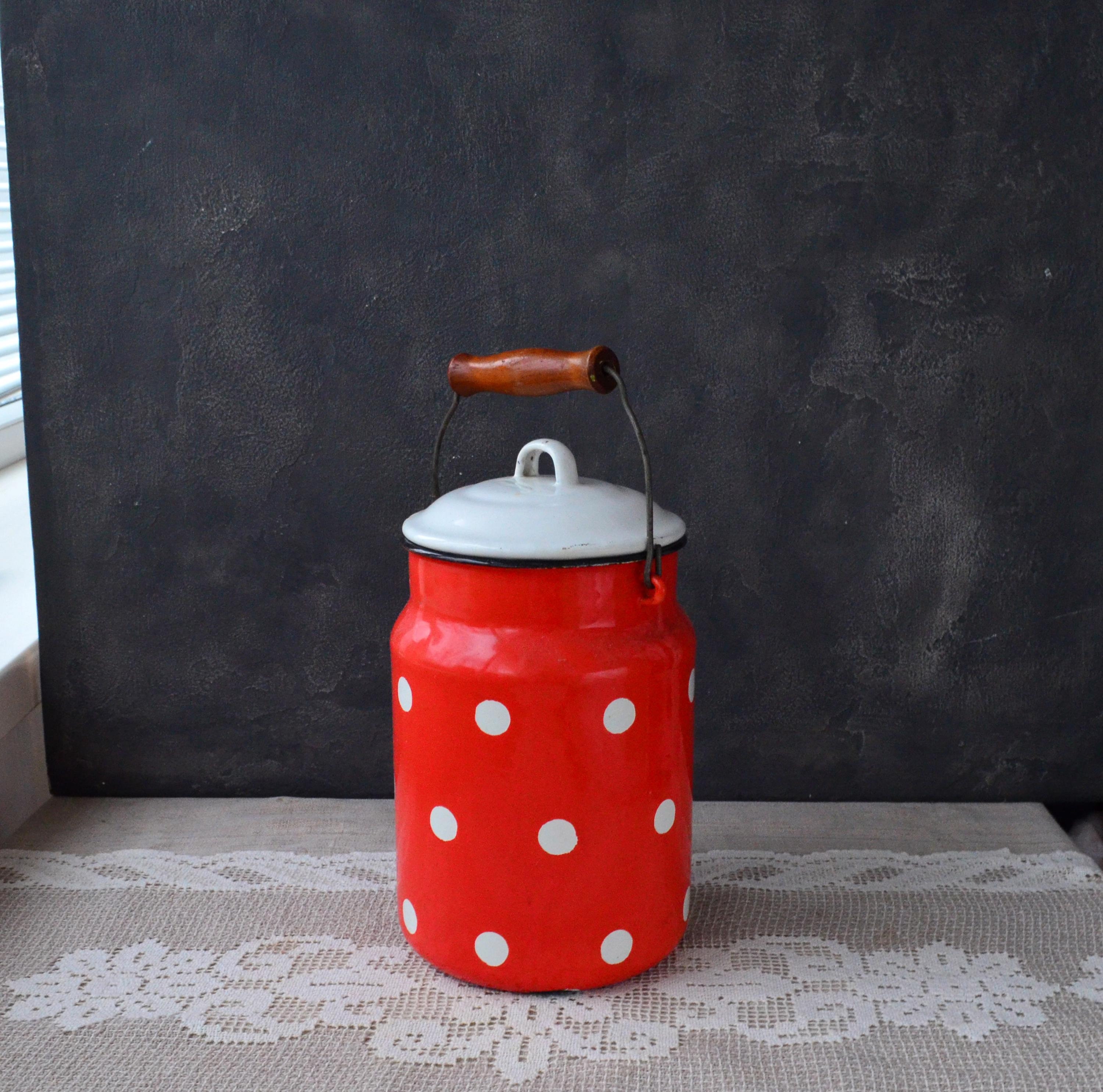 enamel milk jar white×red Vintage White Enamel Pot, Milk Can With Red Tiger Ornament and Lid