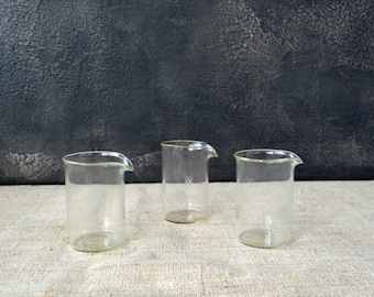 Juego de 3 botellas medidoras pequeñas de vidrio transparente estilo boticario retro, frascos médicos, botellas de farmacia, botellas de exhibición, material de vidrio para laboratorio científico.