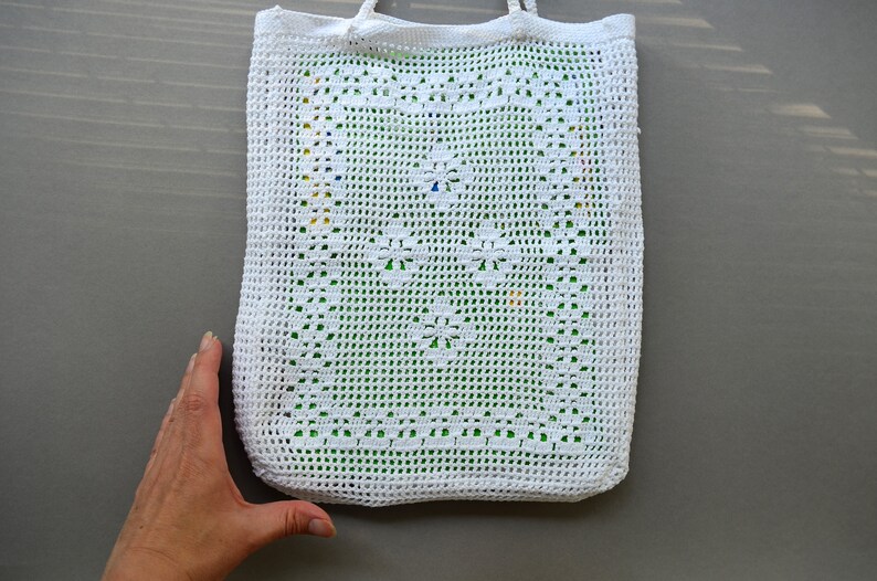 White cotton vegan shopper bag Top handle purse crochet knit bag Market grocery mesh bag Retro boho purse Beach bag Bohemian handbag