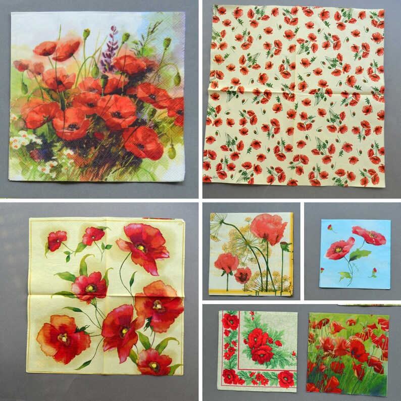 Red poppy floral Decoupage european paper napkins Wildflower Etsy
