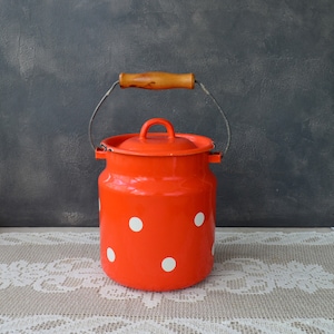 Red polka dot Metal milk can Enamel milk container canister Rustic flower vase Milk jug pail Retro kitchenware Rustic farmhouse decor