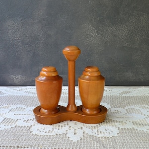 Wooden salt and pepper shakers on stand Wood container seasoning shakers Salt cellar Spice jar Farmhouse retro kitchen