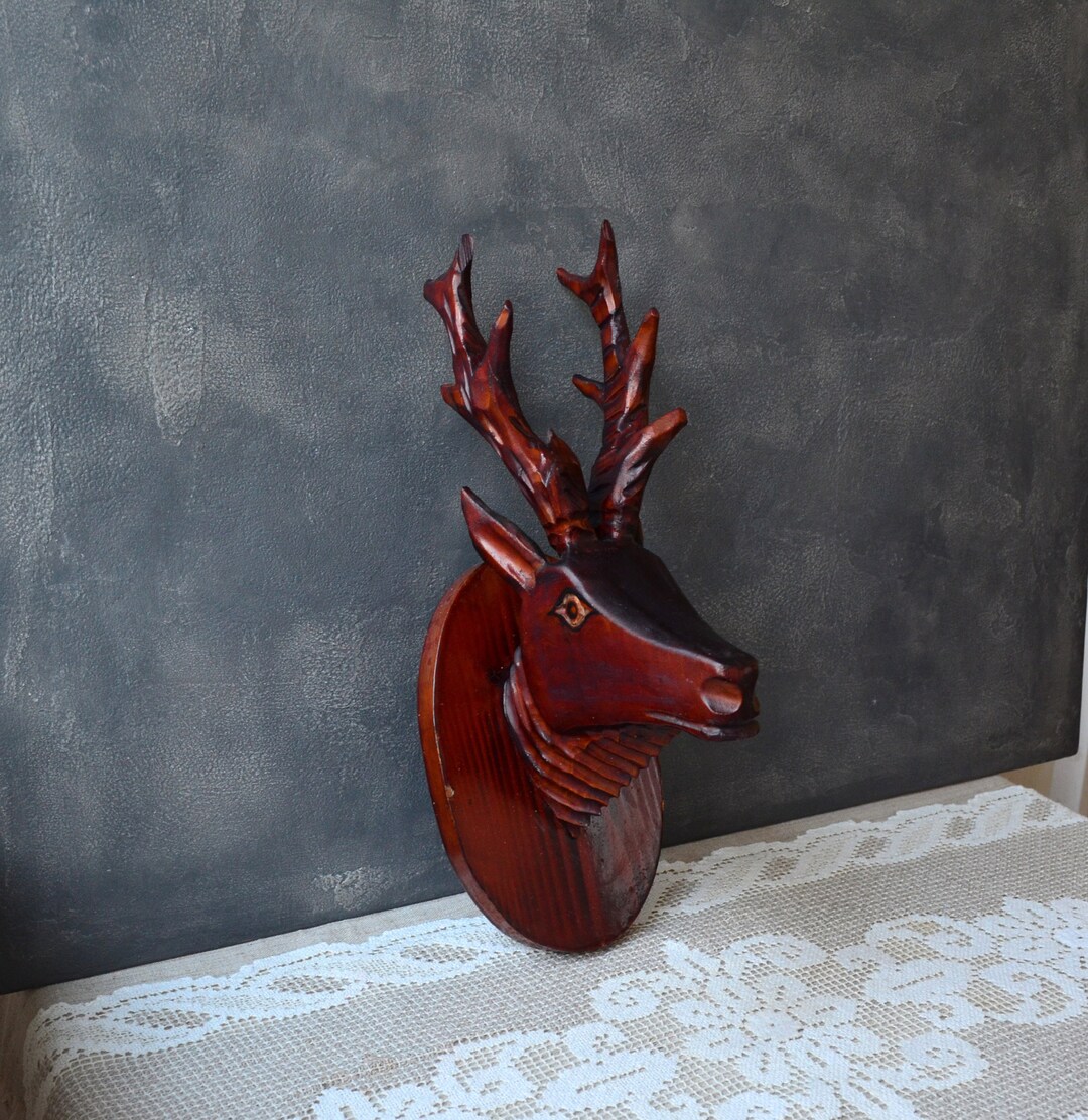 Carved Wood Deer Head Wall Mounted Deer Antler Faux Taxidermy Etsy