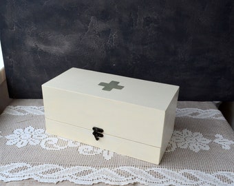 Caja de almacenamiento de boticario de madera con tapa Caja de recuerdos de madera Caja de aceites esenciales Cofre del tesoro Caja de farmacia de signo de cruz roja Baratija decorativa