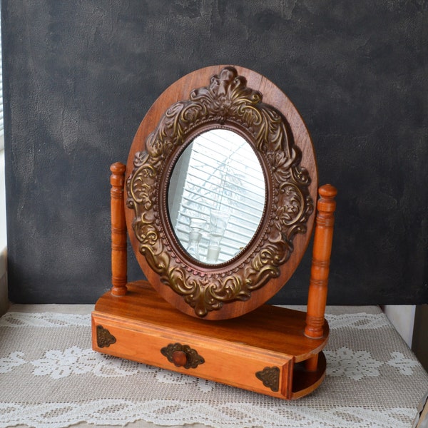 Swivel table mirror with drawer Makeup vanity mirror Oval standing mirror with wood and metal frame Dressing table top Jewelry storage