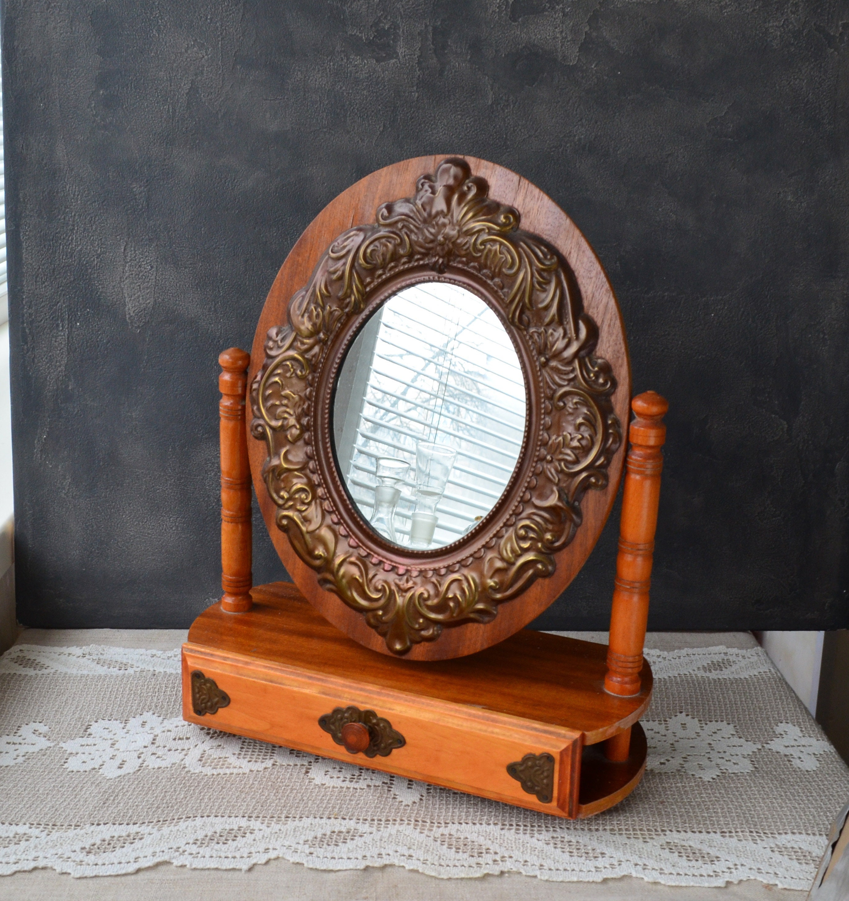 Swivel Table Mirror With Drawer Makeup Vanity Mirror Oval Standing Mirror With Wood and Metal Frame Dressing Table Top Jewelry Storage Etsy