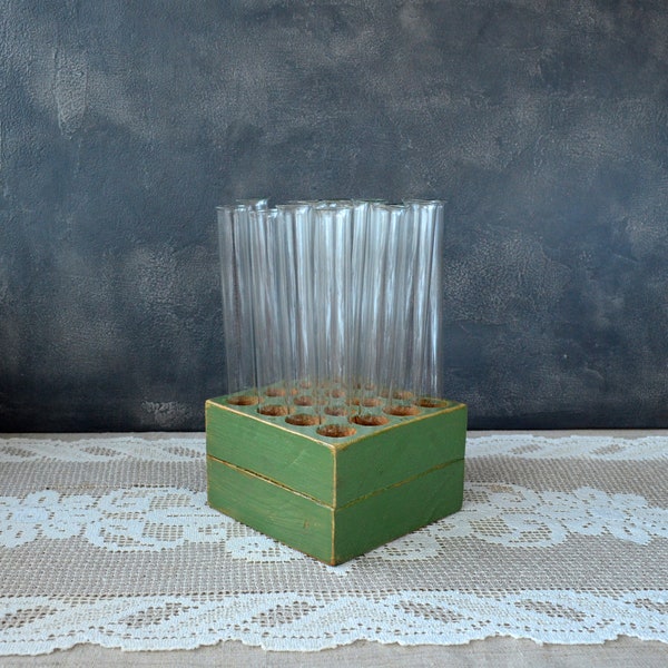 Clear test tube stand Science lab test tube holder Lab Glass Vials Propagation station Wooden rack Flower vase Retro apothecary Pharmacy too
