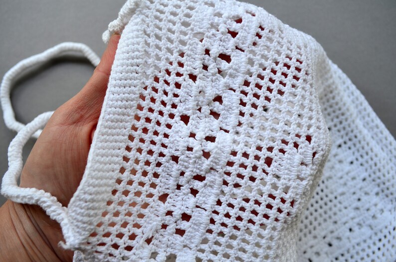 White cotton vegan shopper bag Top handle purse crochet knit bag Market grocery mesh bag Retro boho purse Beach bag Bohemian handbag
