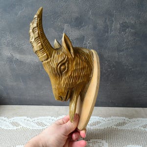 Wall hanging Hand carved wood goat sculpture Wooden art carving goat head Collectible figurine Statement rustic sculpture Wildlife home acce