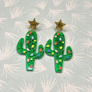 Green Glitter Cactus Earrings, Mexican Xmas Dangle Earrings