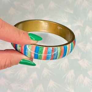 Vintage Brass Dyed Horn Bone Inlaid Bangle Bracelet - Vintage Striped Bangle