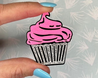 Pink Cupcake Brooch, Birthday Cupcake Glitter Brooch, Great Gift for Cakelover