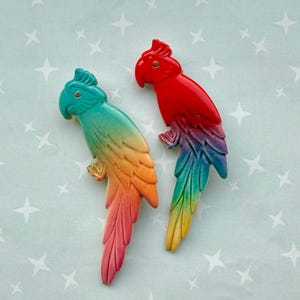 Op de afbeelding: Twee papegaai-vormige decoratieve ornamenten. Eén is turquoise, overgaand in oranje en roze. De andere is rood, overgaand in een regenboog van kleuren. Beide hebben gedetailleerde veer- en snavelontwerpen.