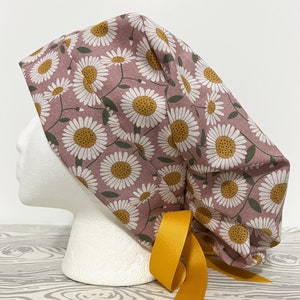 White Sunflowers print Ribbon Tie-Back Surgical Hat
