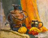Original painting, IMPRESSIONIST ART, Ukrainian art, Still life, Russian Samovar, Wall decor, Farmhouse decor, Gift