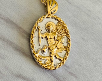 Saint Michael Necklace - 18K Gold Vermeil with Thorn frame, Two Tone, Saint Michael Medal, Saint Michael Archangel Saint Michael Pendant