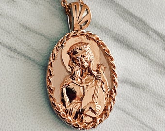 Saint Cecilia Necklace thorn framed - 18K Rose Gold Vermeil Saint Cecilia with Guitar, Saint Cecilia Pendant