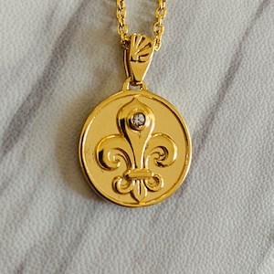 Fleur De Lis Necklace, Fleur De Lis Pendant, Fleur De Lis Medal, 18K Gold Vermeil Sterling Silver Fleur De Lis Medal, Divine Box Jewelry