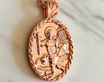 Saint Michael Necklace - 18K Rose Gold Vermeil with Thorn frame, Saint Michael Pendant