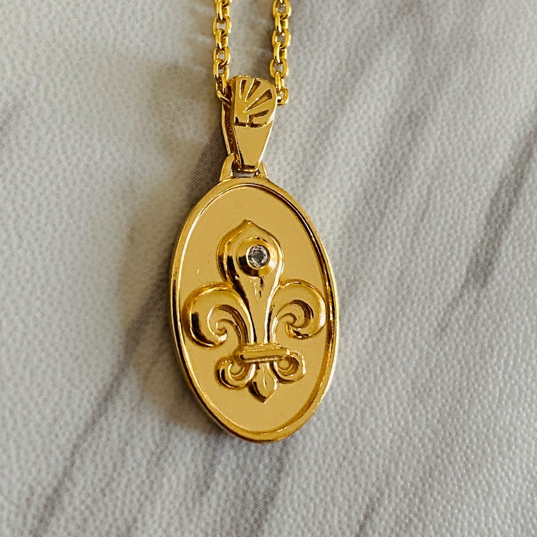 Fleur De Lis Necklace, Fleur De Lis Pendant, Fleur De Lis Medal, 18K