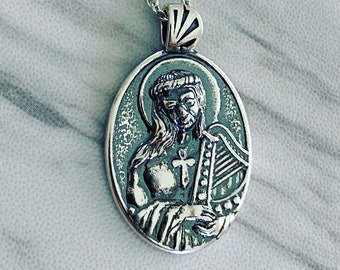 Saint Cecilia Necklace Harp - Antique finish Sterling Silver, Saint Cecilia Pendant, Saint Cecilia