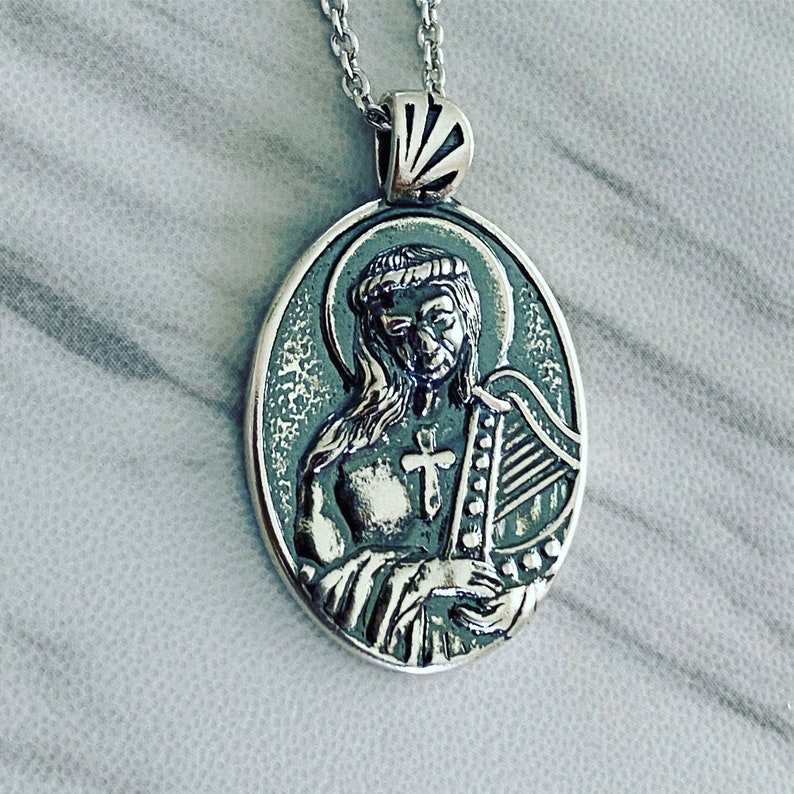 Saint Cecilia Necklace Harp - Antique finish Sterling Silver, Saint Cecilia Pendant, Saint Cecilia