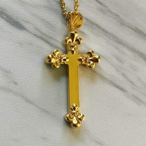 Fleur-De-Lis Cross Necklace - 18K Gold Vermeil, Fleur-De-Lis Cross Pendant, Cross Necklace for Women